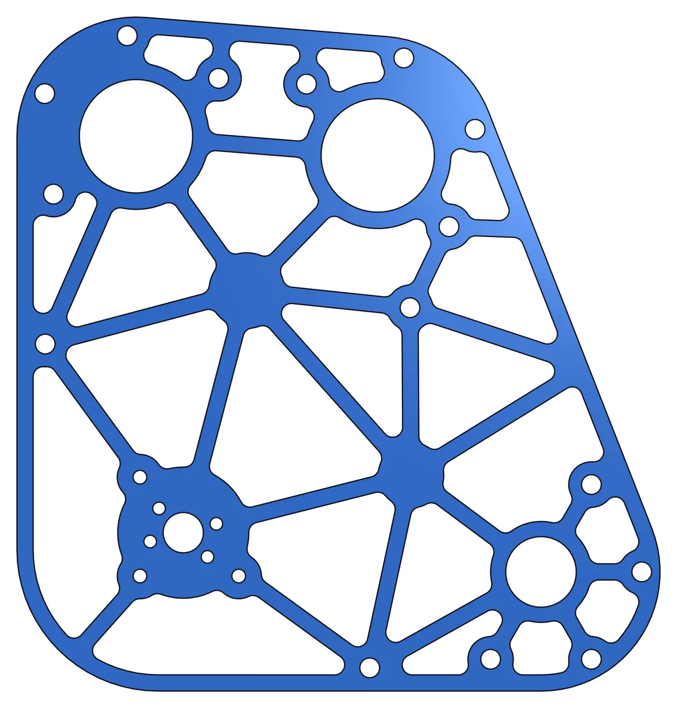 The reverse-engineered robot plate in Onshape: a 1/4 inch pocketed plate with three hubs on 2 inch bolt circles, a boss with a small-hole pattern at the lower left, and straight webs joining the hubs
