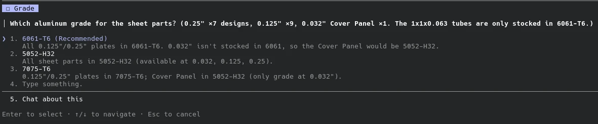 Claude Code asking which aluminum grade to use for the sheet parts, recommending 6061-T6 and listing 5052-H32 and 7075-T6 as alternatives with the thicknesses each covers