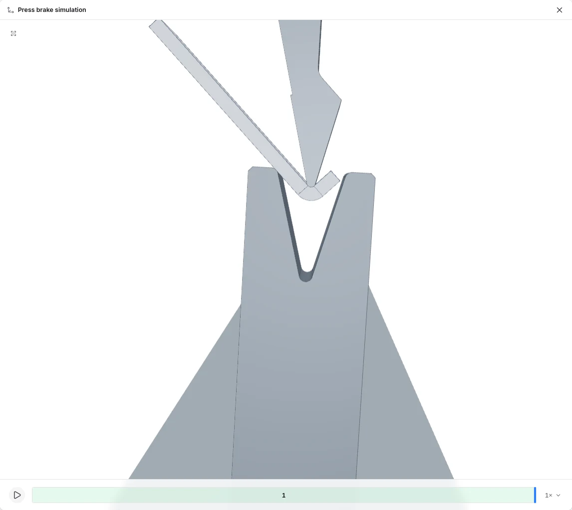The Fabworks press brake simulation forming a bend in the V-die, with the bend sequence timeline shown in green