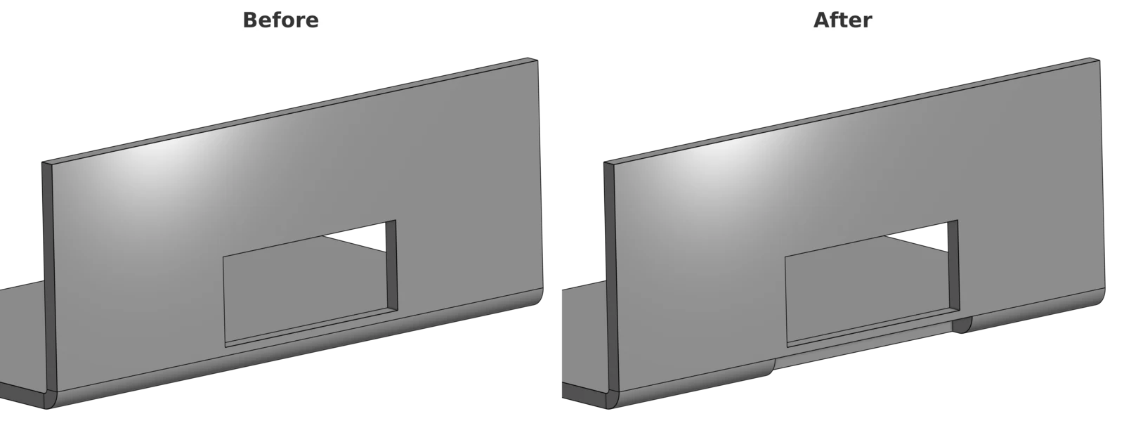 The Window part before and after the fix, with the bend removed in the area below the window cutout so the cutout is no longer in the distortion zone